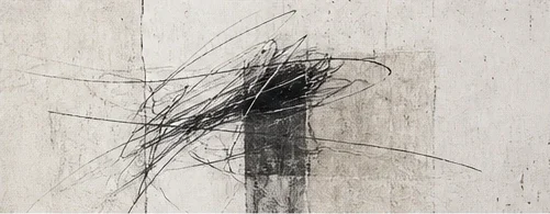 Generated concept image: fine black gestural lines around a dark central mark on textured paper.